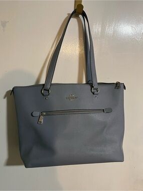 Coach Blue Leather Double-Handle Tote with Front Zip Pocket